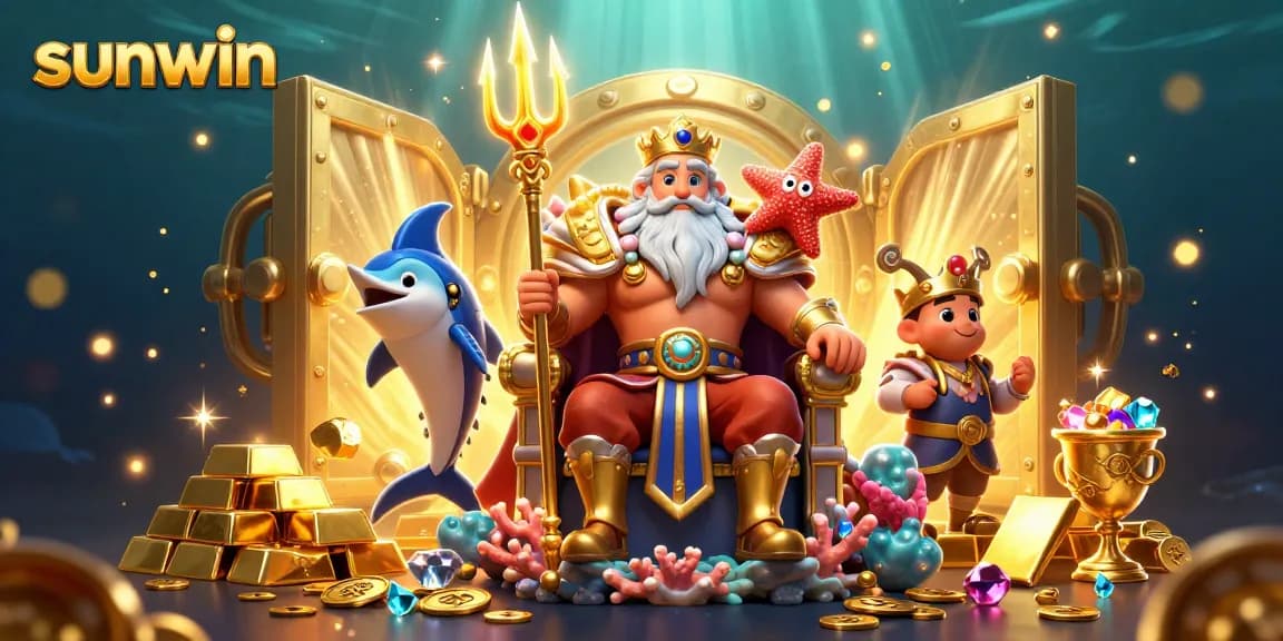 Win big with sunwin in this vibrant 3D casino scene showcasing Neptune's treasure.