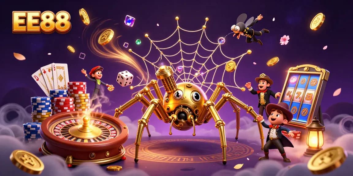 EE88 showcases a colorful casino scene with a steampunk spider and golden coins flying.