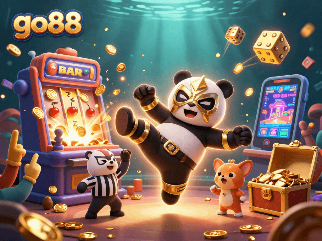 Experience the excitement of go88 with cartoon wrestlers, slots, and vibrant casino energy.