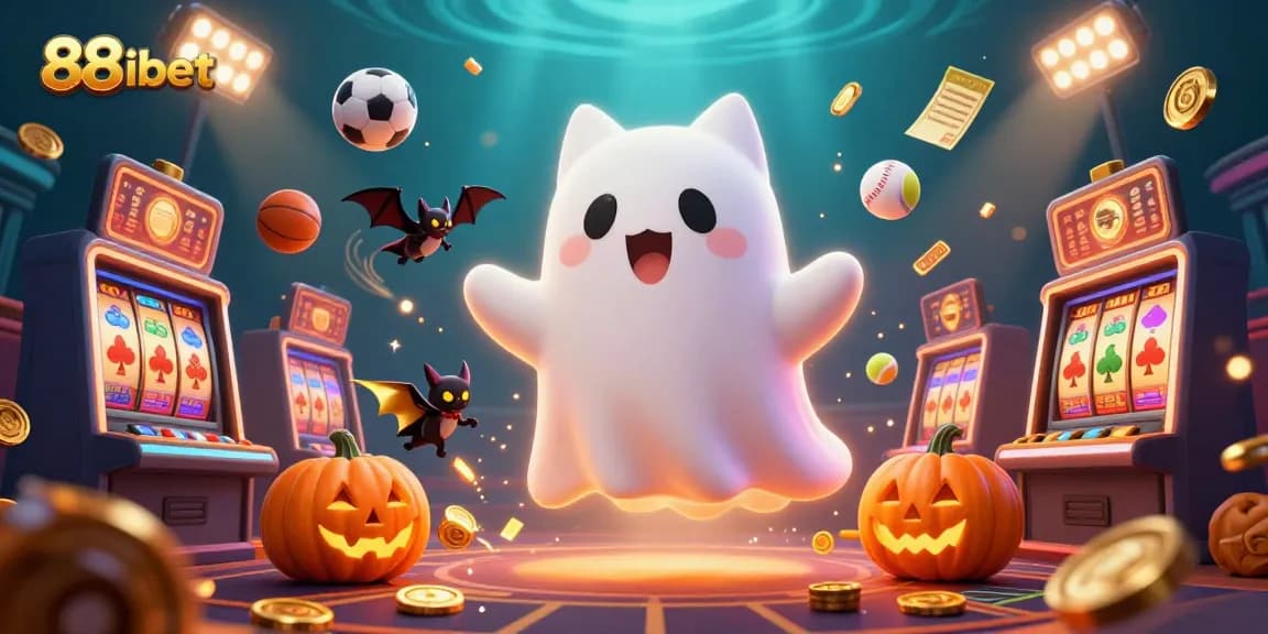 Engage in gaming excitement at 88ibet with a ghost cat and sports-themed casino illustration.