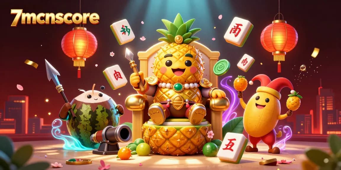 Engage with the vibrant world of 7mcnscore through a colorful casino illustration featuring a pineapple king and tropical elements.