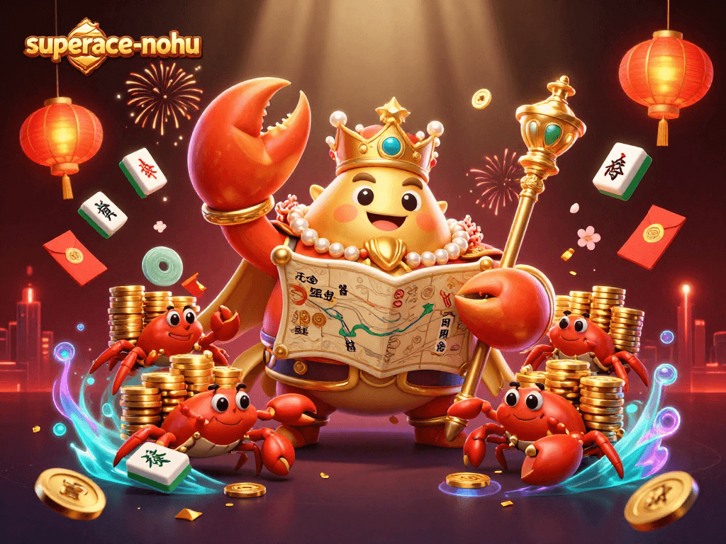 Experience the thrill of superace-nohu with a lively 3D casino scene featuring a golden crab emperor and treasure elements.