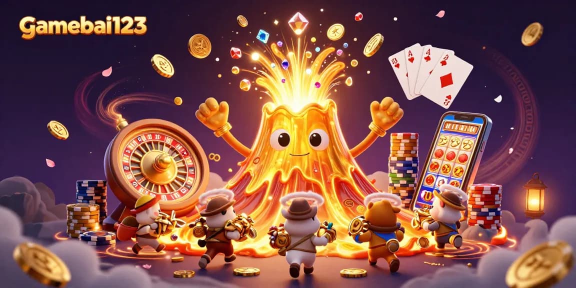 Experience thrilling gameplay with gamebai123, featuring a golden volcano erupting treasure!