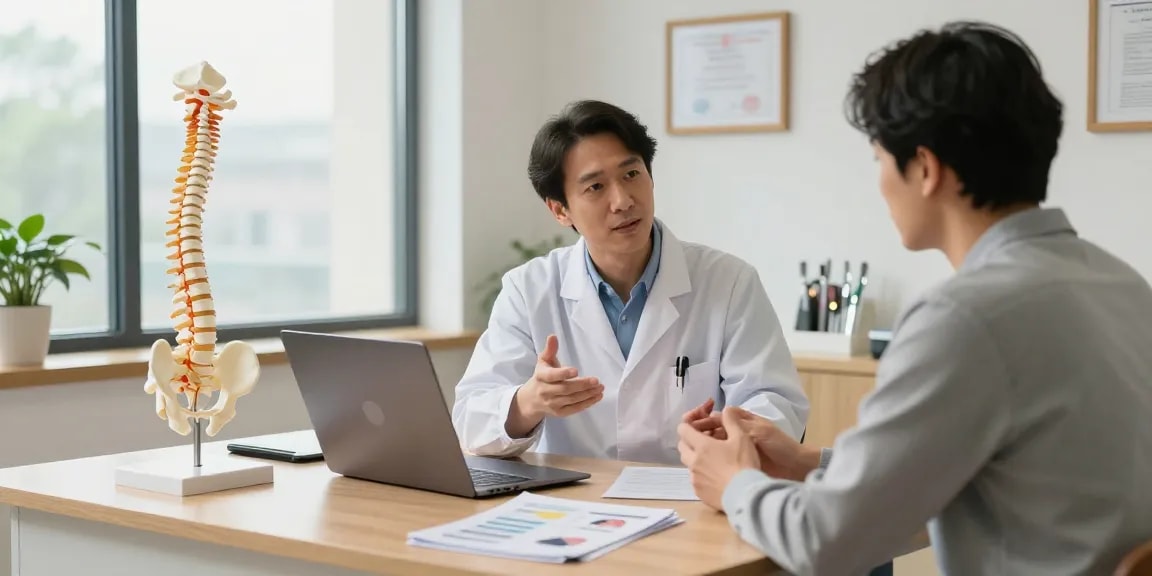 Bel kayması ameliyatı consultation with surgeon and patient in a modern clinical setting.