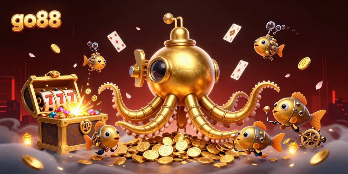 Experience go88 with a vibrant casino scene featuring a golden kraken submarine amidst slot symbols and flowing coins.