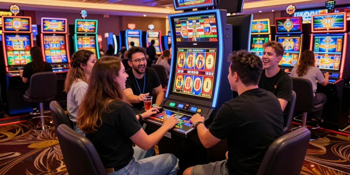 Excited players engaging with colorful เกมสล็อต at a vibrant casino.