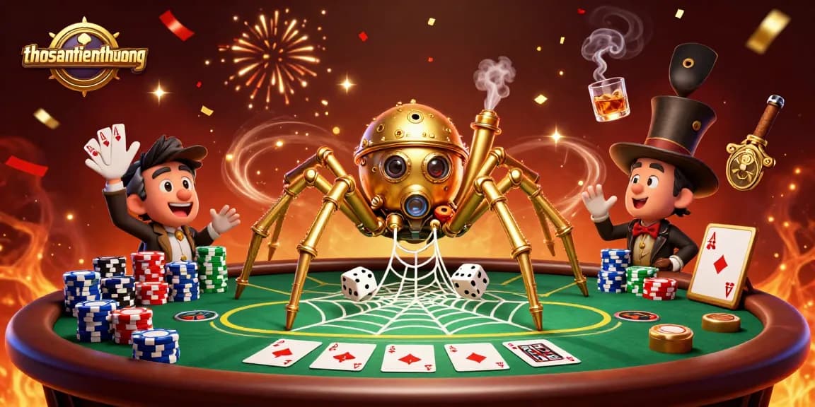 Engage with thosantienthuong featuring a steampunk spider catching dice amidst dazzling casino elements.