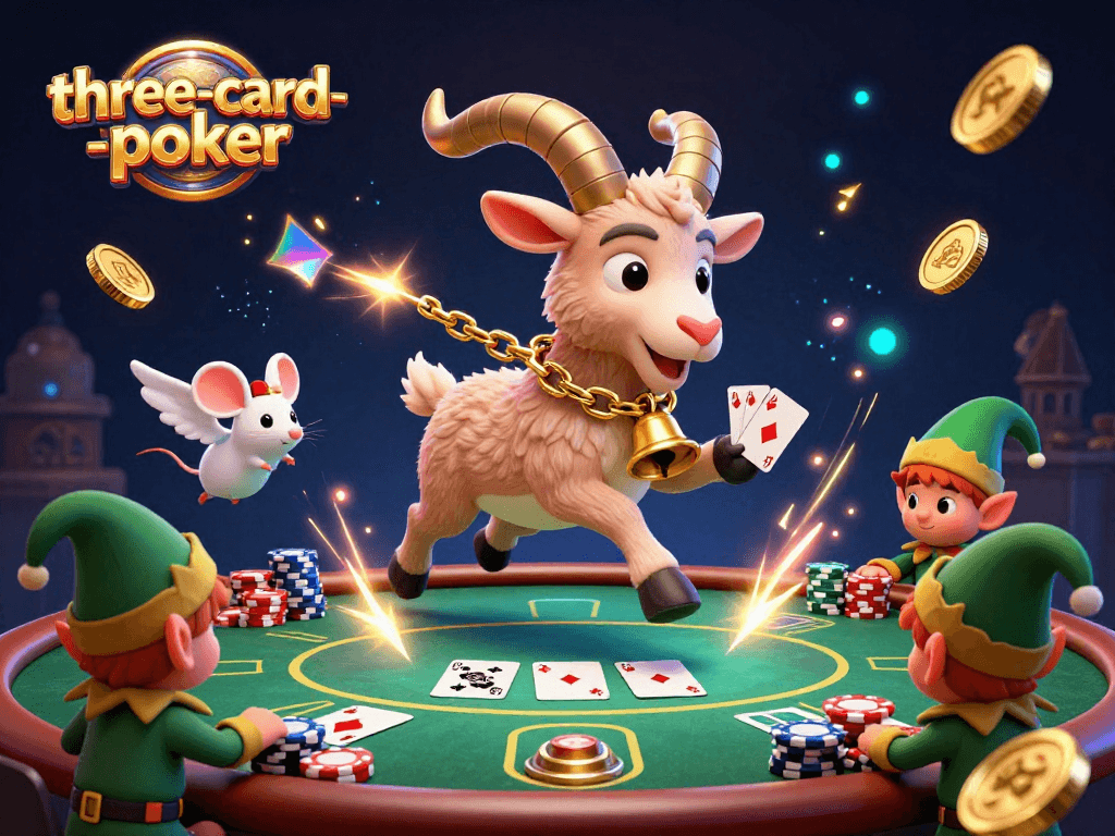 Experience three-card-poker action in a vibrant casino scene with playful characters and dynamic game elements.