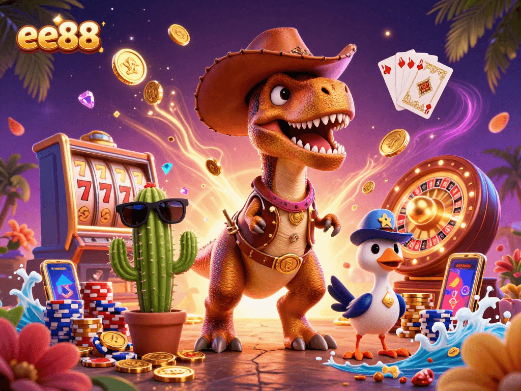 ee88 showcases a colorful 3D casino scene featuring lively characters and slot machines.