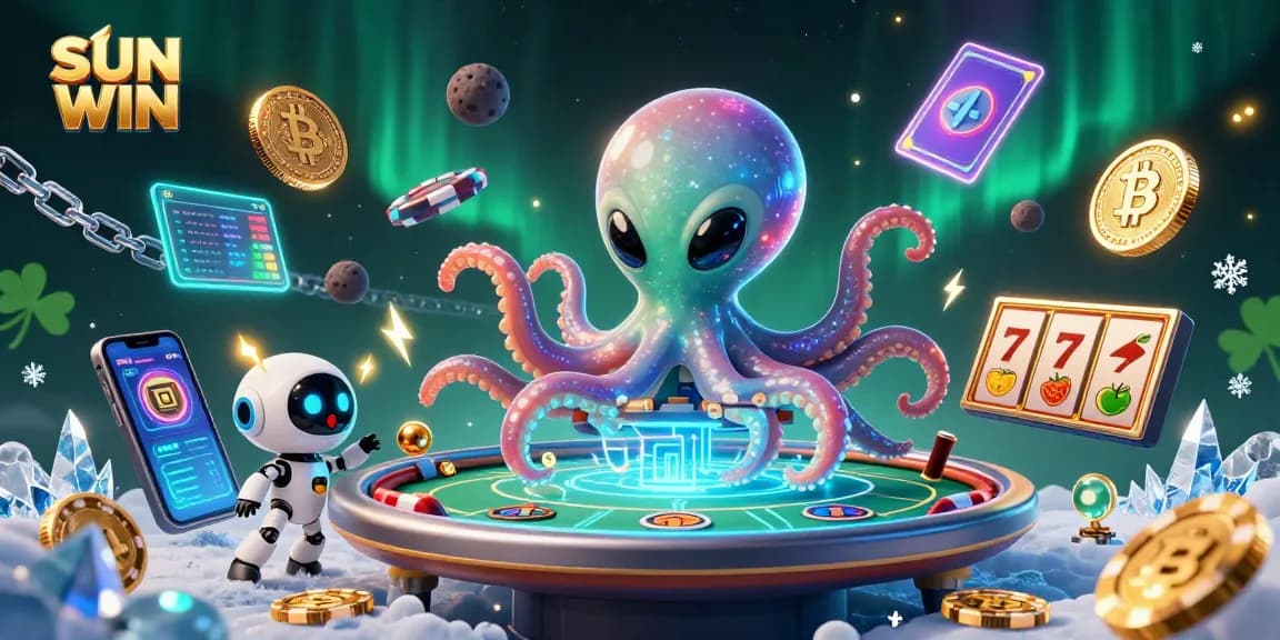 SUN WIN reveals a vibrant 3D casino scene with an alien octopus at a holographic poker table.