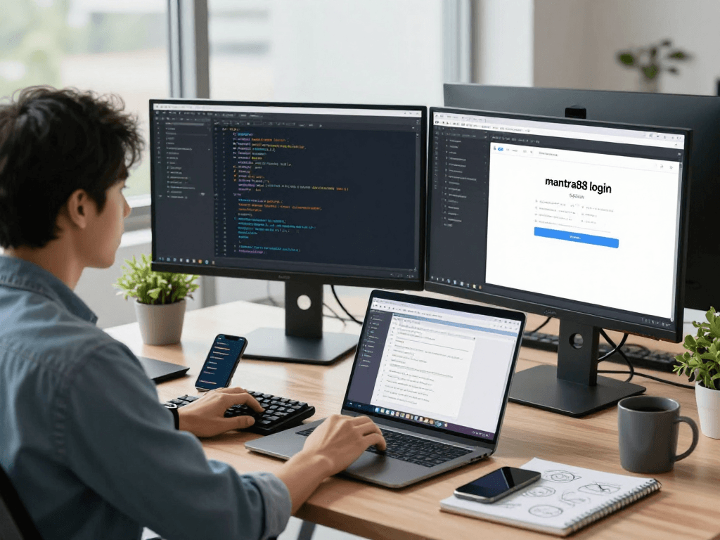 Developer using the mantra88 login in a modern workspace with dual monitors and a casual setup.