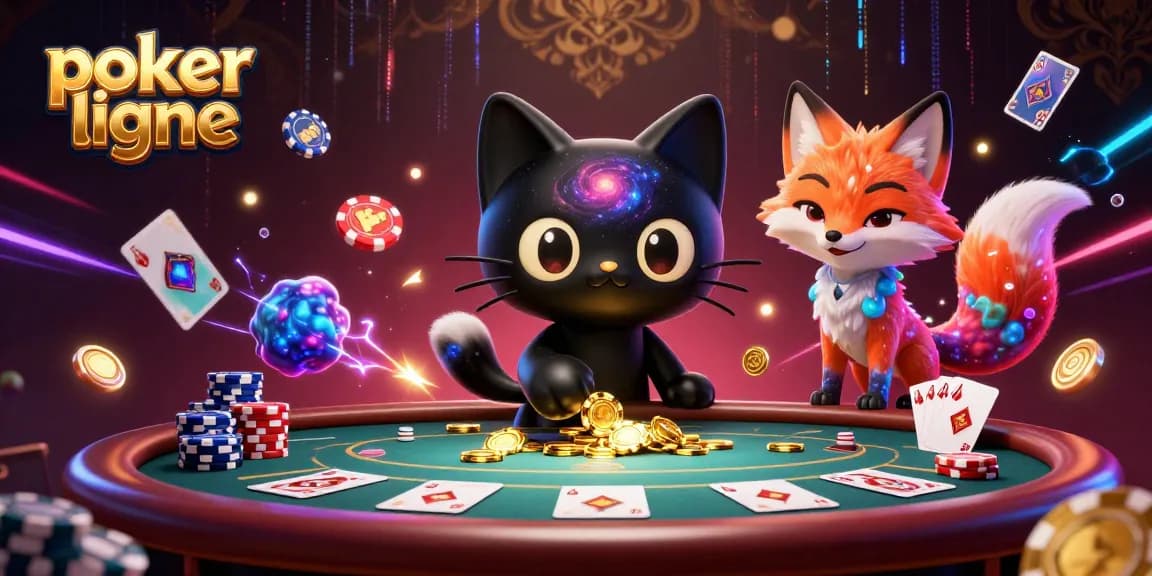 Accédez à l'univers du poker en ligne avec cette illustration dynamique, où un chat noir gravitationnel et un renard nébuleux s'illuminent autour d'une table de poker.