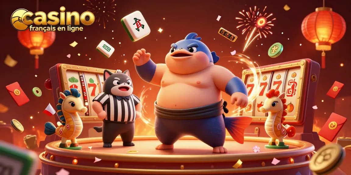 Jouer sur le casino français en ligne avec une illustration dynamique de fugu et des éléments de machines à sous.