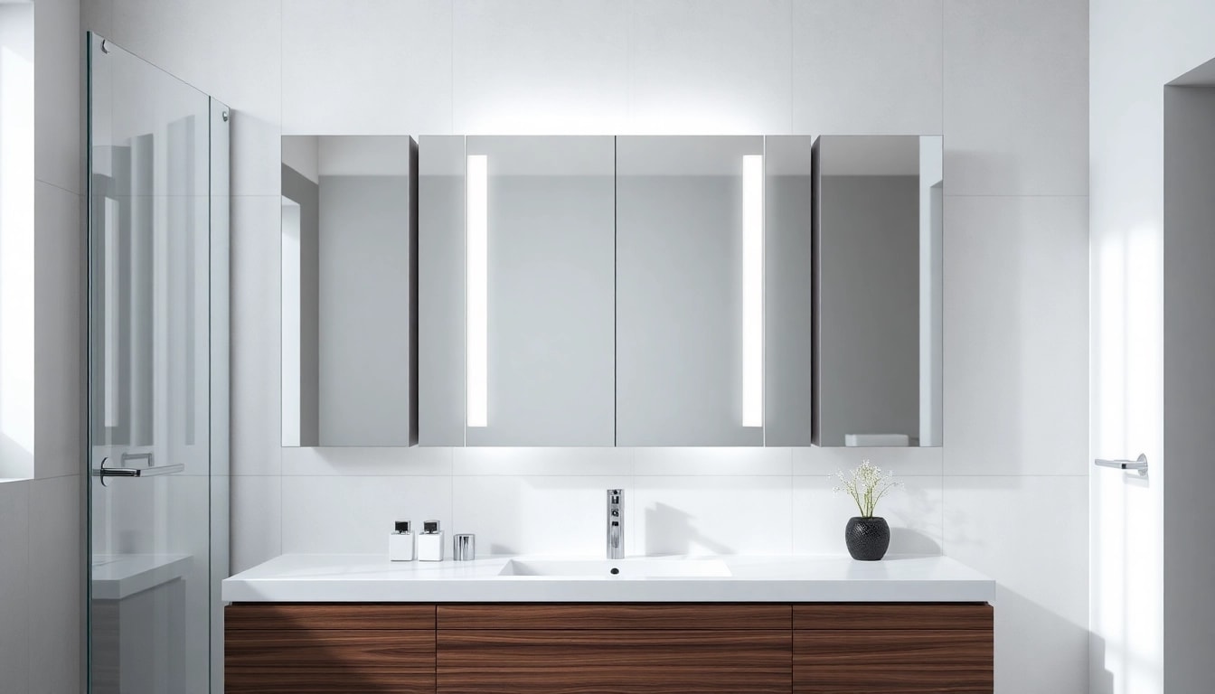 Beleuchtete badezimmer spiegelschränke in modernem Design mit elegantem Spiegel und subtiler Fixtur.
