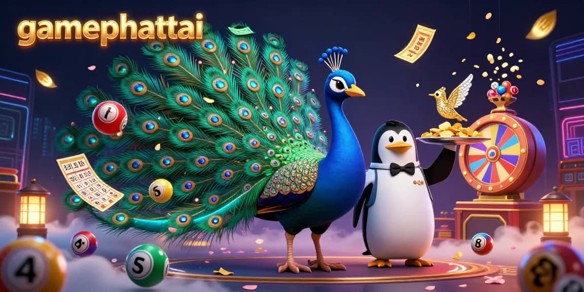 Experience the excitement of gamephattai as a peacock and friends play in a vibrant casino scene filled with dynamic lottery elements.