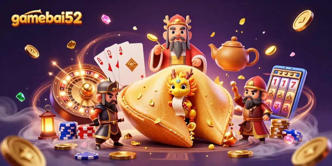 gamebai52 players engaging in a thrilling casino experience with vibrant elements and fortune characters
