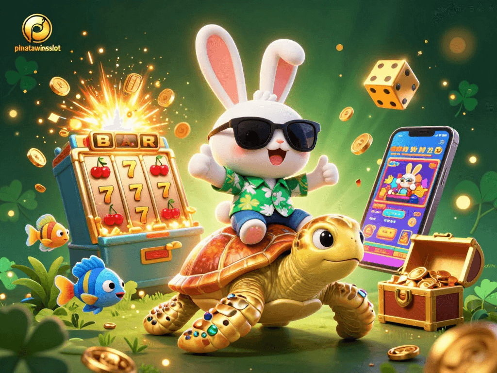 Join the fun with pinatawinsslot, where the lucky rabbit and golden sea turtle radiate excitement amid casino treasures.
