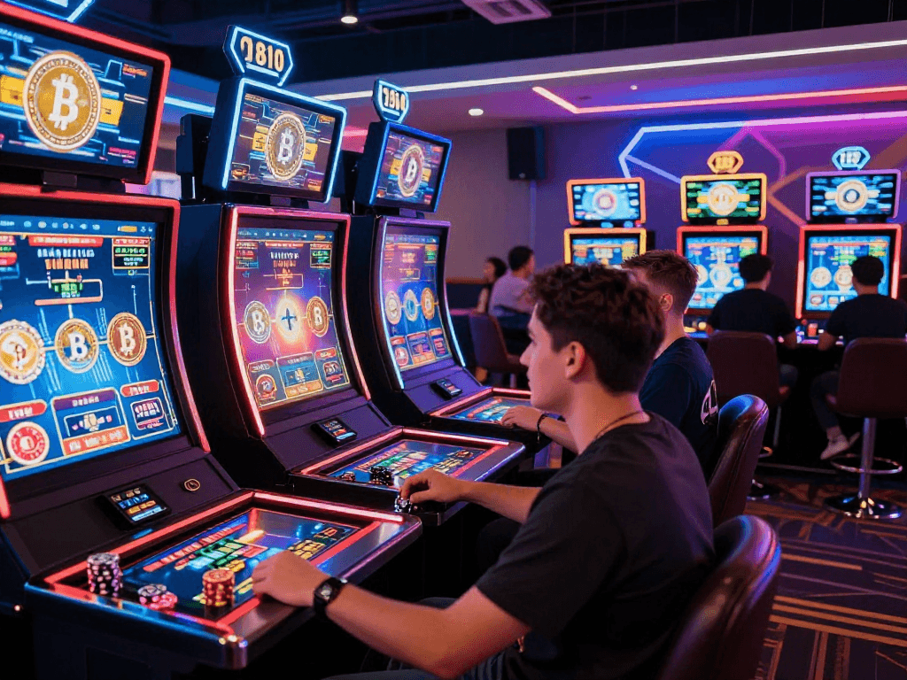 Crypto casino gaming experience with players at digital terminals and vibrant LED displays, showcasing excitement and winning potential.