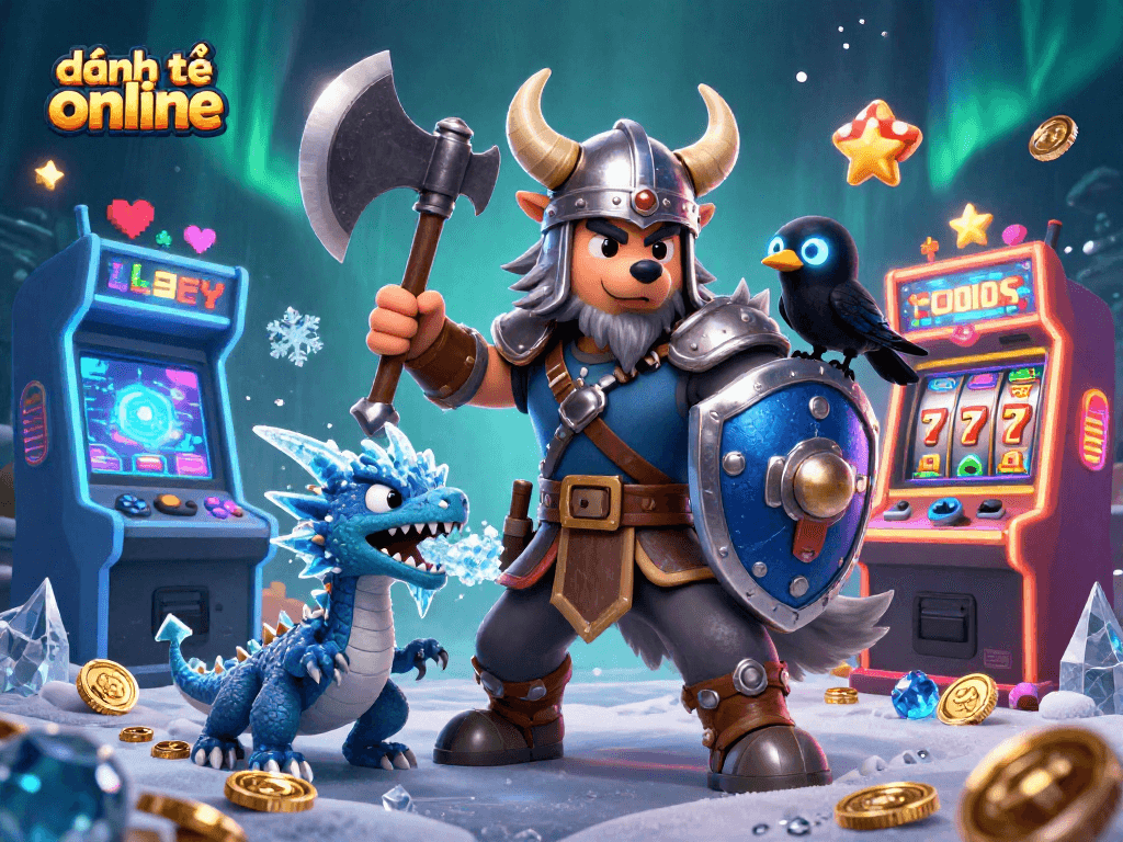 Experience the excitement of đánh đề online with a dynamic 3D scene featuring a Viking warrior, fierce dragon, and gaming elements.
