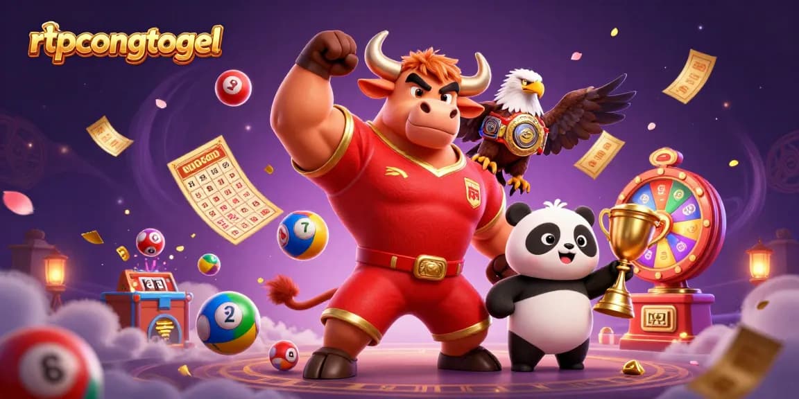 Engage with the vibrant rtpcongtogel scene featuring a victorious bull mascot, charismatic eagle, and trophy-holding panda surrounded by dynamic lottery elements.