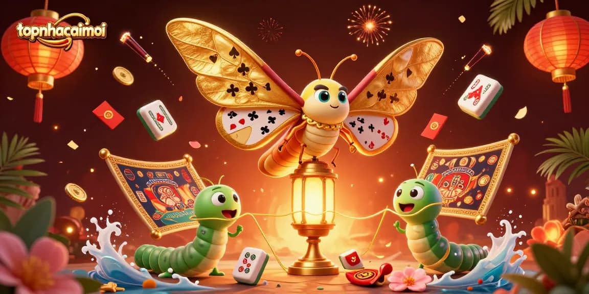 Engage in topnhacaimoi's vibrant casino scene filled with golden treasures and festive elements.