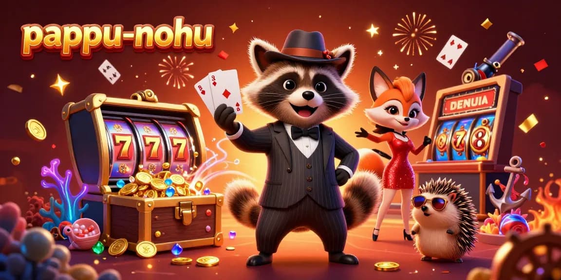 Pappu-nohu showcases an exciting 3D scene with a raccoon, fox, and hedgehog in a vibrant casino setting.