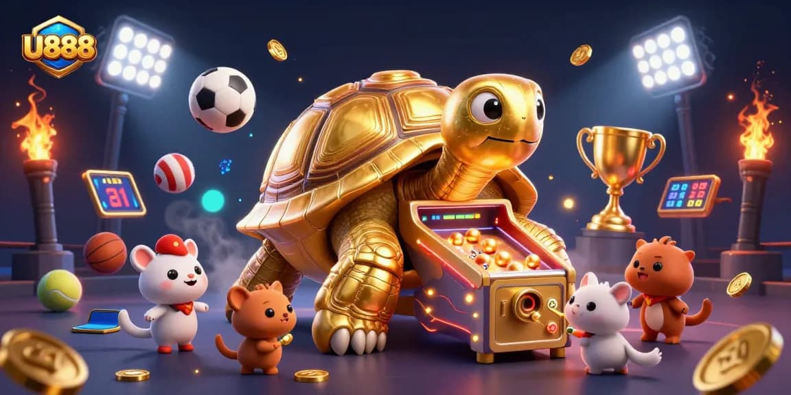 Experience energetic gameplay at U888 with a dynamic tortoise pinball machine surrounded by sports elements