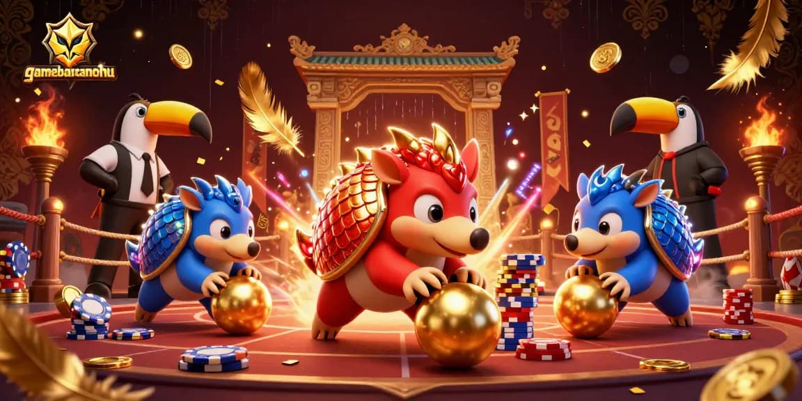 Experience the exciting gaming action at gamebancanohu with rival pangolins battling in a vibrant casino scene.