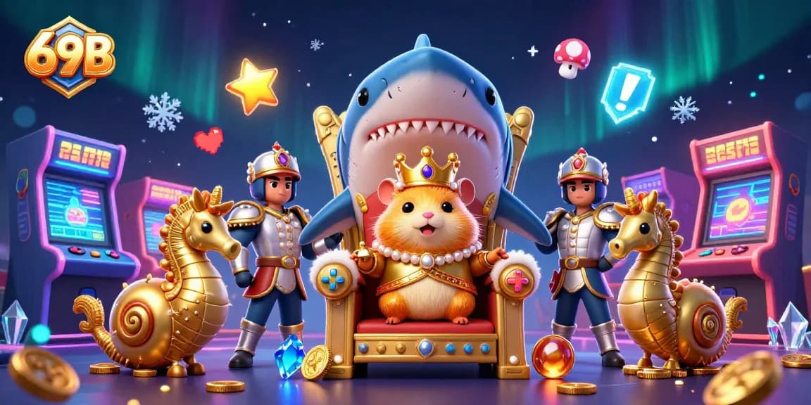 Jogando no 69B com o rei hamster dourado em um trono impressionante, cercado por máquinas de jogos coloridas.
