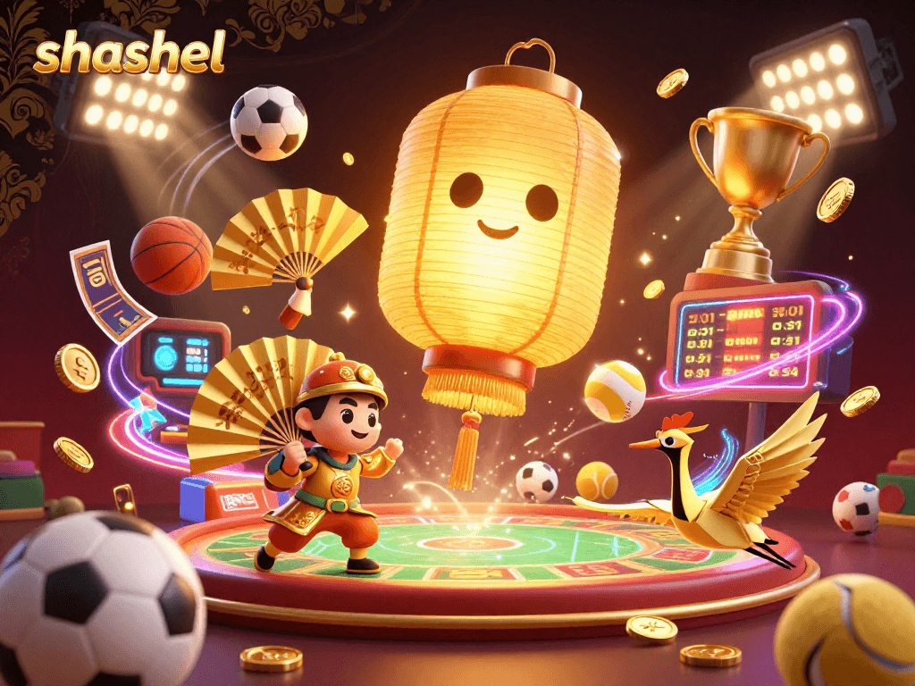 Engage in dynamic sports betting at shashel casino with vibrant golden elements and flying sports balls.