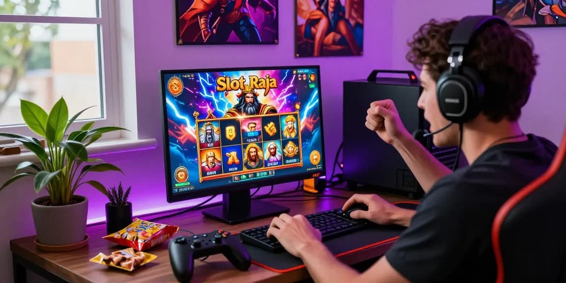 Excited gamer celebrating a win in Slot Raja with vibrant graphics and gaming gear.