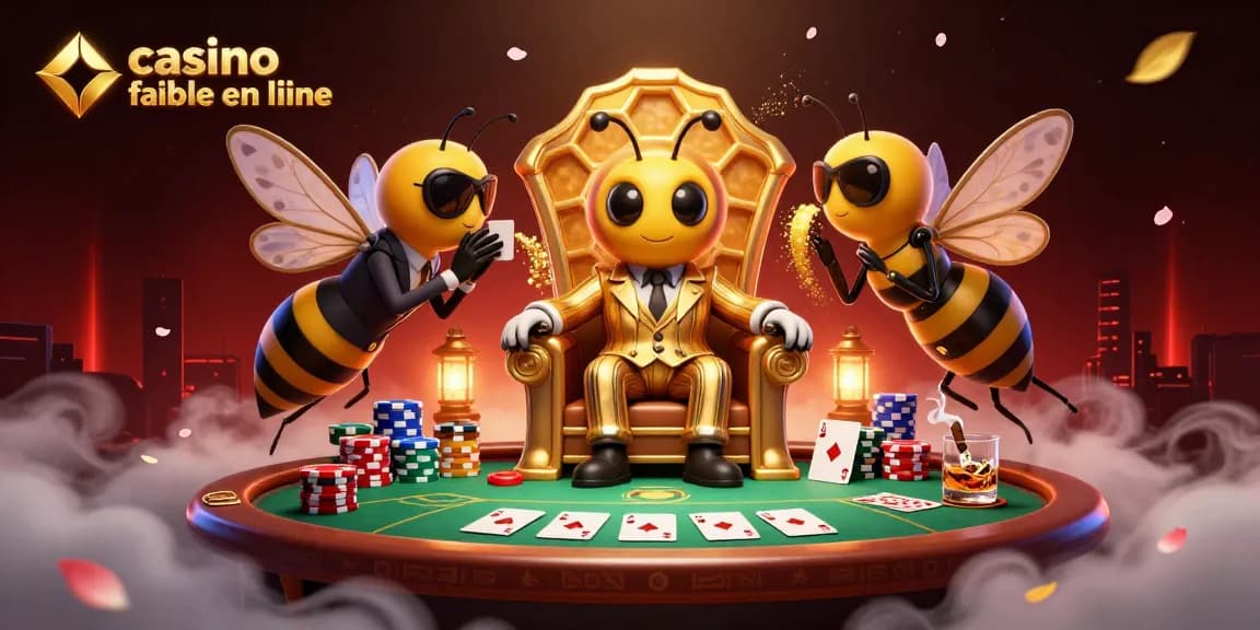 Cette illustration montre un bumblebee mob boss dans un casino fiable en ligne, avec des éléments de poker autour.