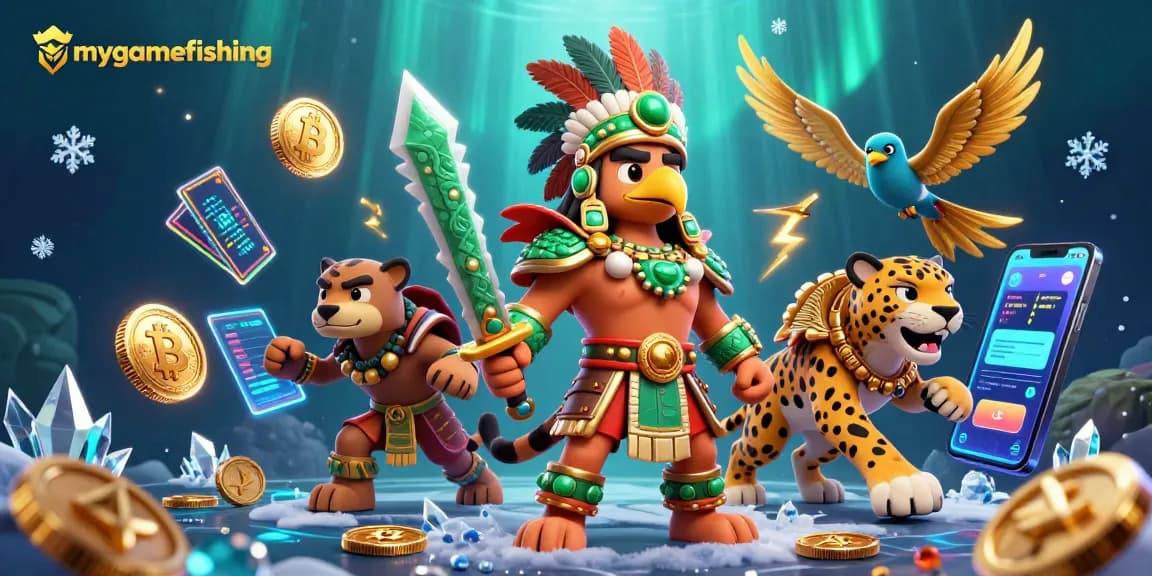 Engage in mygamefishing with a vibrant 3D casino adventure featuring Aztec warriors and crypto elements.