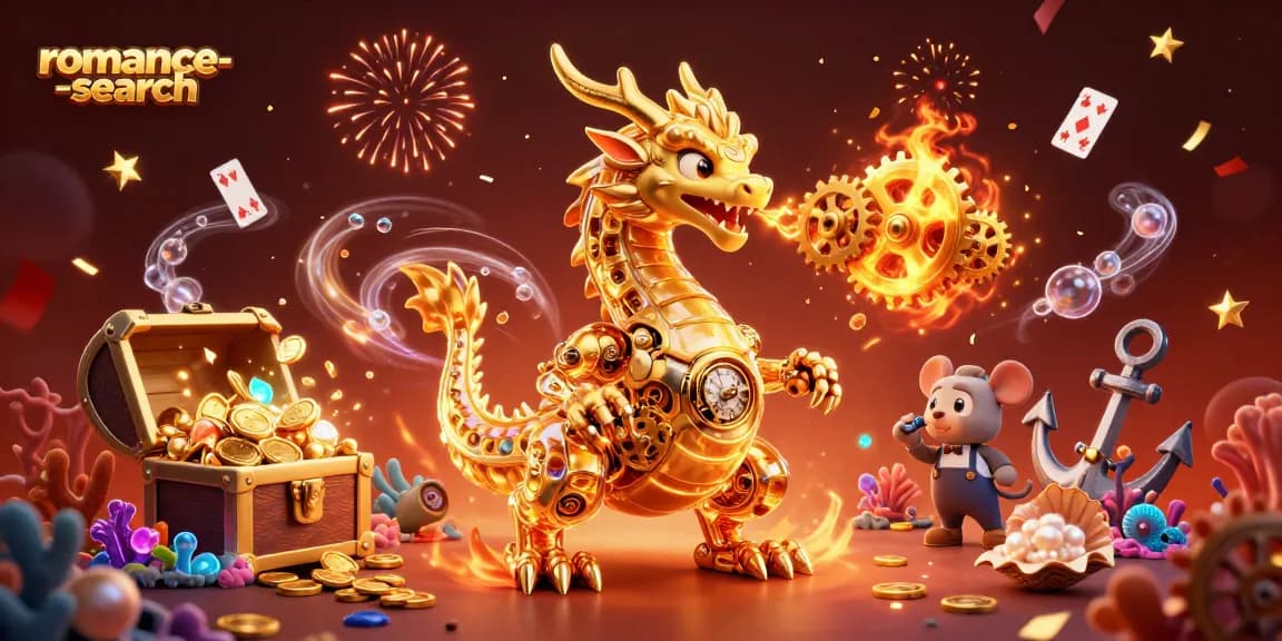 Engage with the excitement of romance-search: a golden dragon breathing gears with treasure, playing cards, and dynamic casino action.