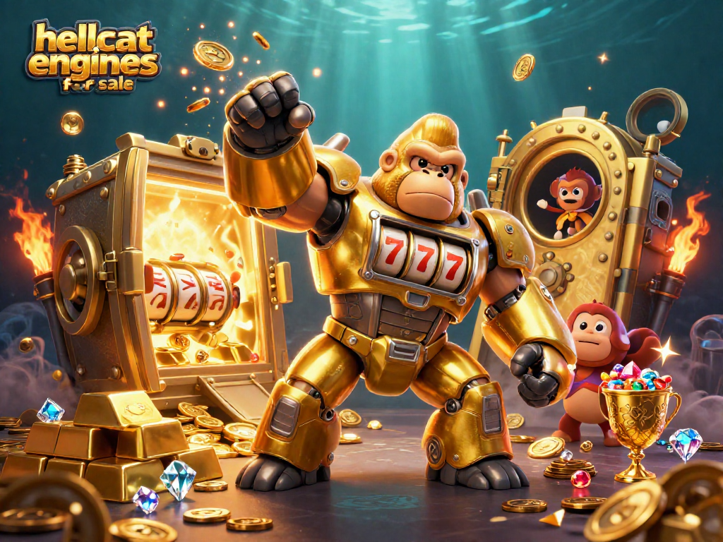 Experience thrilling action with hellcat engines for sale as a golden gorilla mech takes center stage in a vibrant, rich gambling-themed scene.