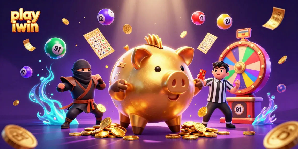 Play iwin with the golden piggy bank sumo wrestler and vibrant lottery elements in a dynamic scene.