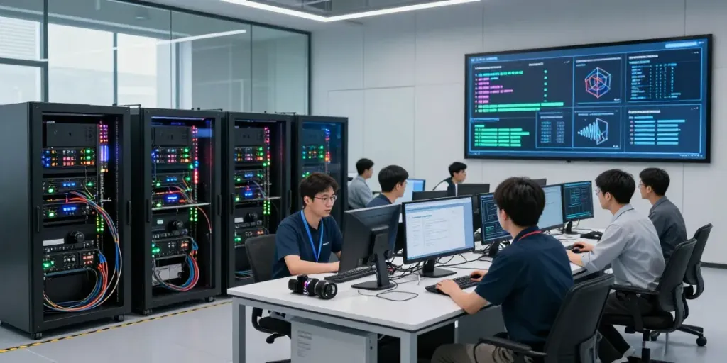 AI inference processing scene showing GPU servers and technicians in a dynamic data center