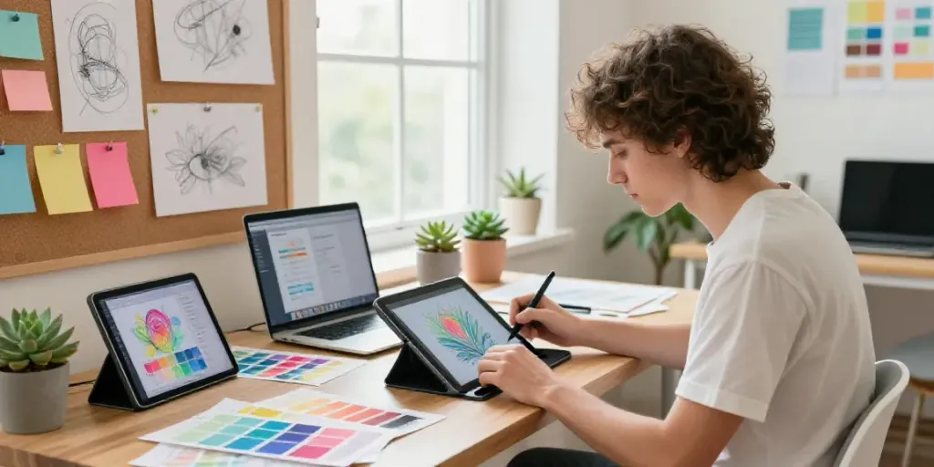 Digital artist using an AI art generator in a bright creative studio.