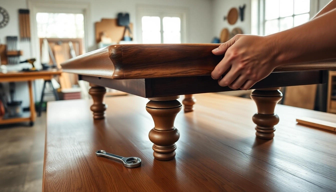 Pool Table Disassembly in a home game room with tools and focused attention on careful unbolting.
