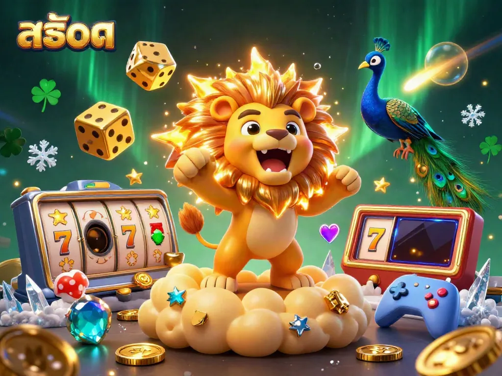 สล็อด ในภาพที่มีสิงโตตัวละคร 3D และสล็อตแมชชีน พร้อมลูกเต๋าทองคำ