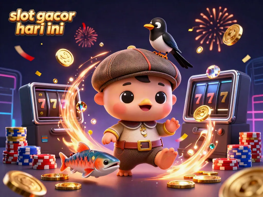 Experience the thrill of slot gacor hari ini with a whimsical cartoon scene featuring Nessie, a magpie, and vibrant casino elements.