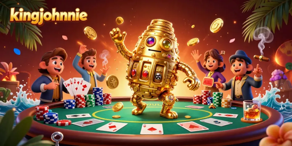 Engage with kingjohnnie's casino adventure featuring vibrant poker elements and a golden golem.