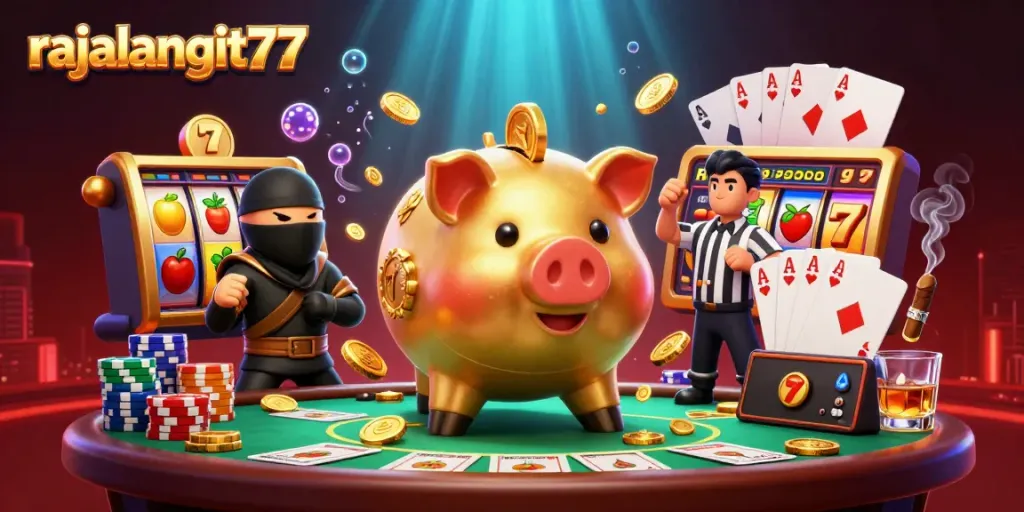 Permainan Jackpot menarik di rajalangit77 dengan karakter menarik dan simbol slot menyerupai mesin permainan.