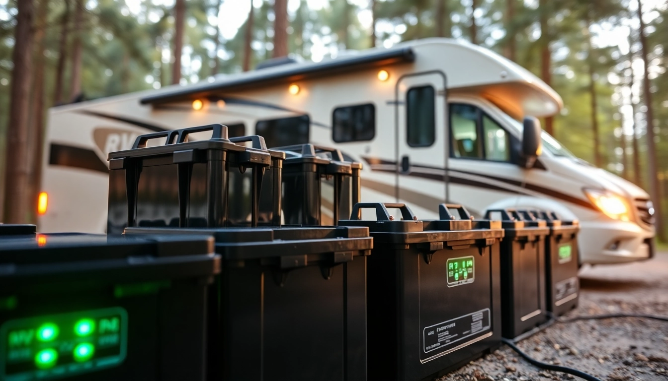 Showcase lithium RV batteries powering an RV setup in a serene outdoor environment.