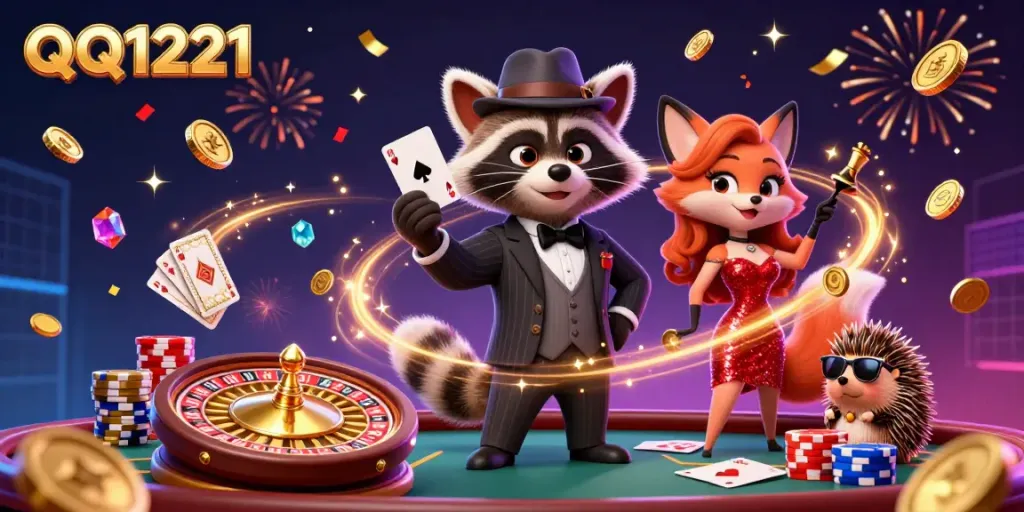 Engage with QQ1221 at a lively casino featuring a raccoon with a royal flush, surrounded by vibrant gaming elements.