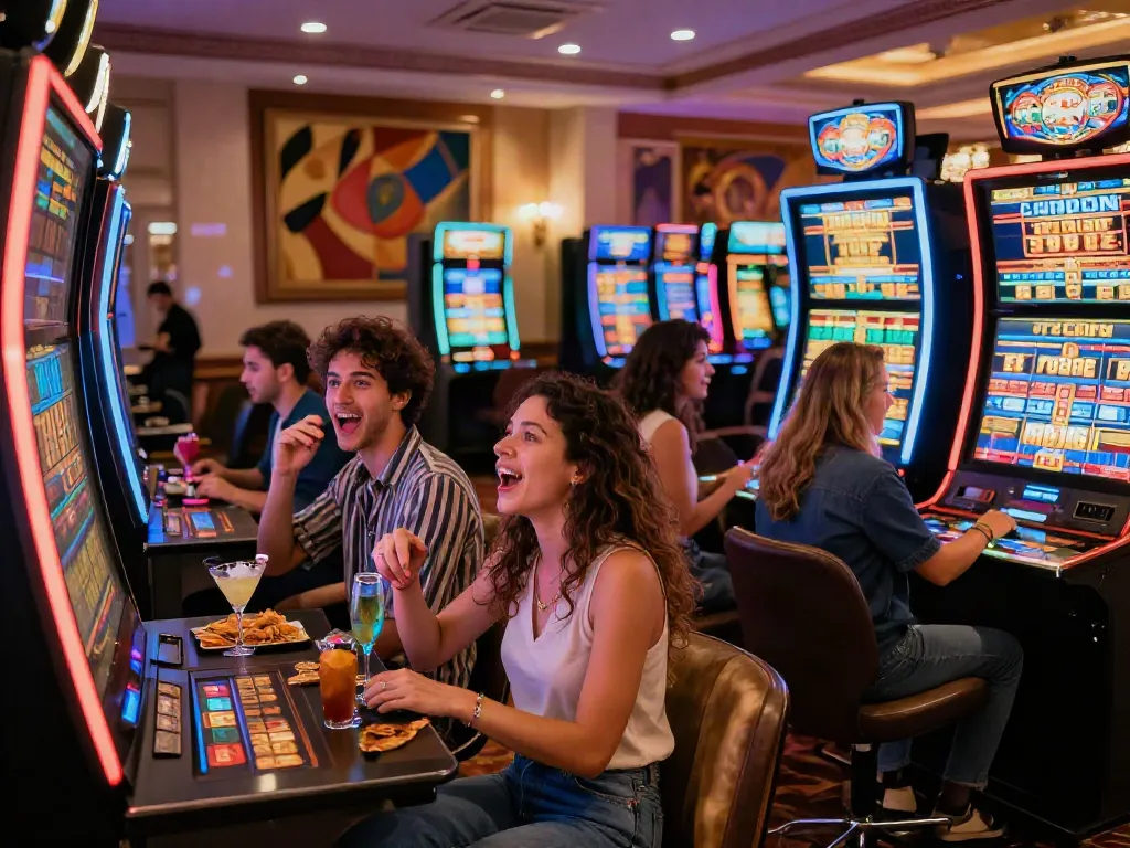 Group enjoying a lively gambling atmosphere at a slot gacor machine in a vibrant casino.
