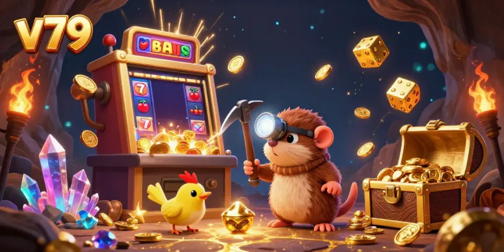Experience the excitement of v79 with a treasure hunter mole amidst a vibrant casino scene.