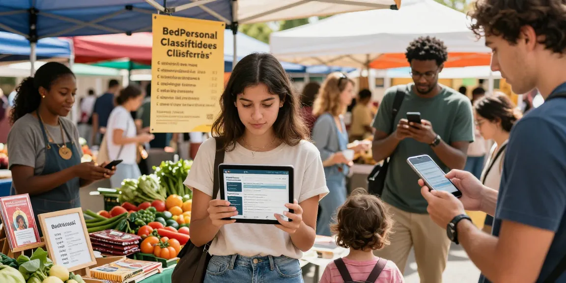 Community members engaging with BedPersonal's free classifieds at a lively market.