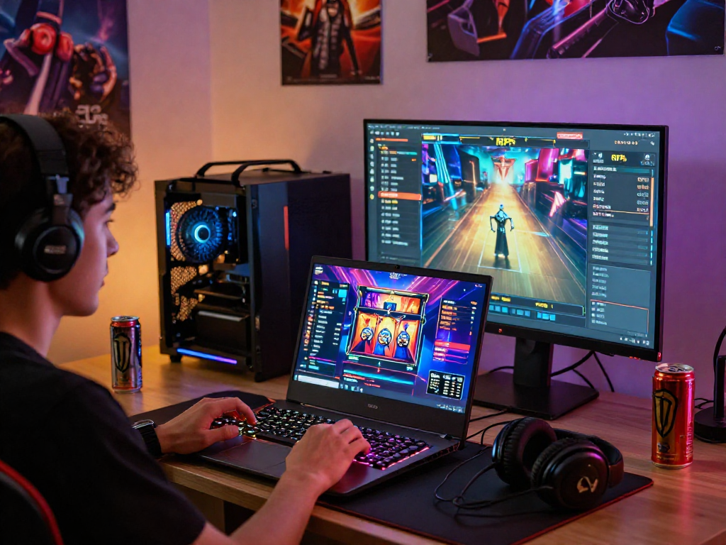 Bermain slot88 online dengan laptop gaming canggih dan gaming peripherals berwarna-warni.