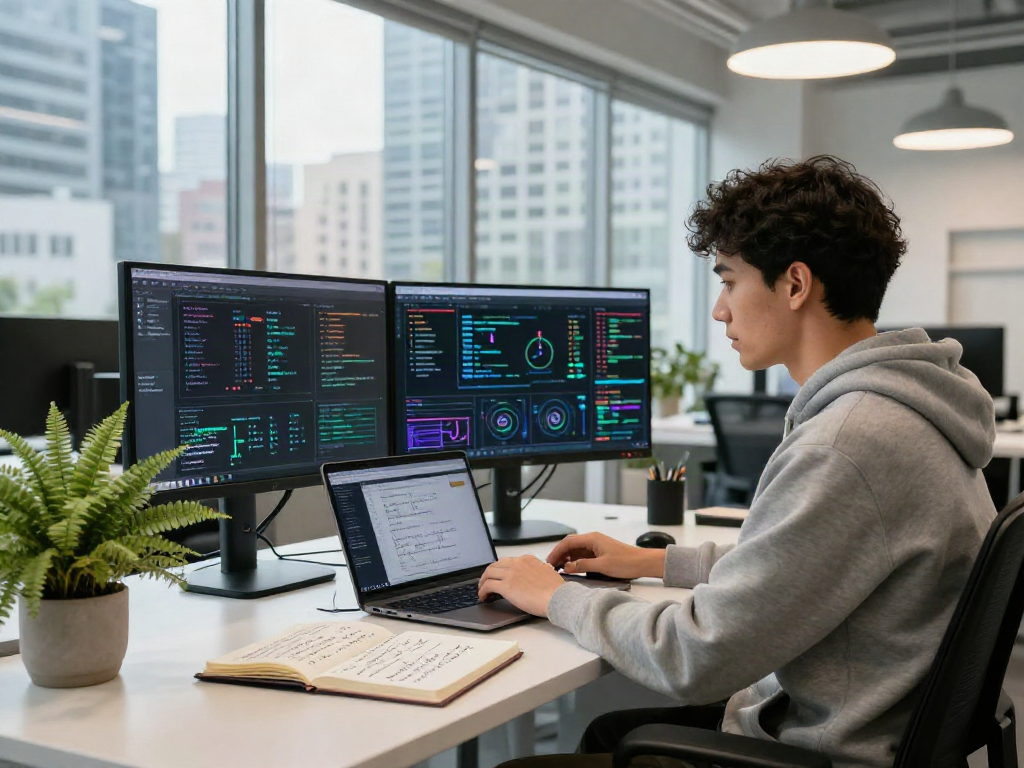 Data scientist analyzing AI performance metrics in a modern tech workspace showcasing crush on ai innovations.